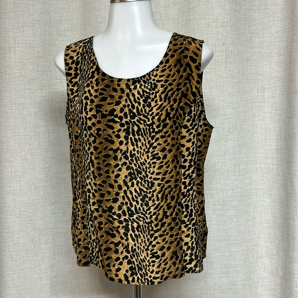 SILK LORE Beth Terrell brown black leopard sleeveless pullover blouse shirt top